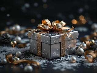 Aufkleber - A sophisticated silver gift box, adorned with gold ribbon and snowflakes, sits amidst a wintery scene.