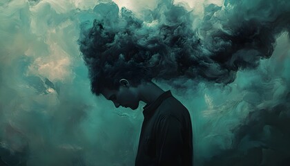 Poster - Surreal Portrait of a Person with Cloud-like Hair Against a Dreamy Background Conveying Emotions and Inner Thoughts in a Mystical Atmosphere
