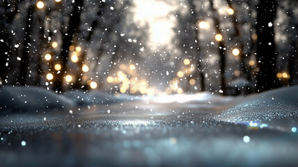 Poster - Snowy landscape with falling snowflakes in a winter scene and illuminated pathways