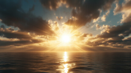 Poster - Sunrise over ocean with beautiful clouds and bright reflections on water