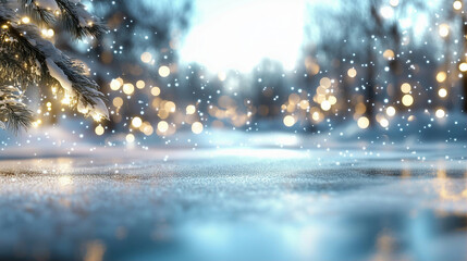 Poster - Snowy landscape with lights sparkling in the winter scenery featuring snow and a tranquil river