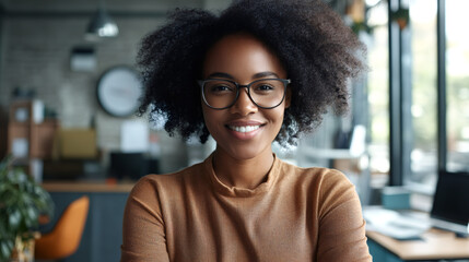 Poster - Portrait of a smiling young manager with eyeglasses and curly hair posing in a modern office with crossed arms