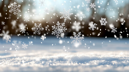 Poster - Snowflakes falling on snowy ground with blurred winter background