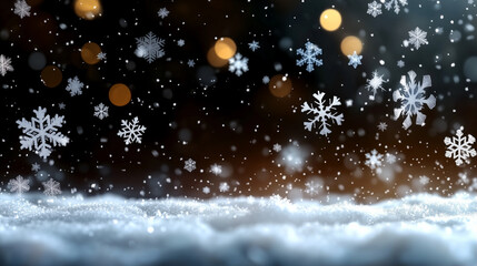 Poster - Snowflakes falling on snow in winter with blurred lights creating a magical atmosphere