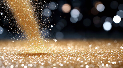 Poster - Glitter pouring onto sparkling gold background with enchanting bokeh effect