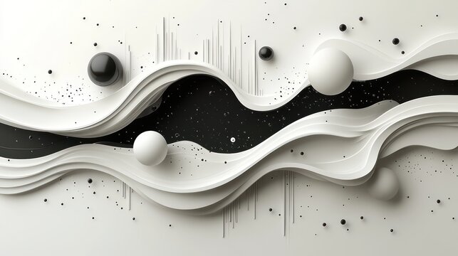 Abstract 3D rendering of white wavy shapes, black space, and spheres.