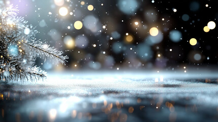 Poster - Snowflake winter scene with sparkling snow and blurred bokeh lights