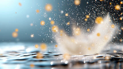 Poster - Water splash creating ripples on surface with droplets and bright bokeh lights