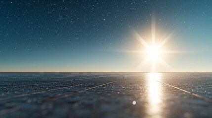 Poster - Sunset landscape with shining sun over reflective water surface and starry sky