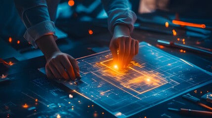 Poster - Futuristic Engineer Analyzing Digital Blueprints with Glowing Highlights in a Dark Room, Focused on Innovative Technology Development and Design Concepts