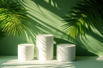 Wall Mural - Three white cylindrical objects on a green background with palm leaves casting shadows.