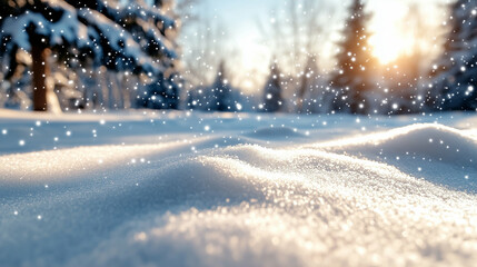 Poster - Snow landscape at sunset with falling snowflakes in a serene winter scene