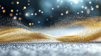Poster - Sparkles and gold particles create a mesmerizing sparkling background with blurred bokeh lights and golden shimmer