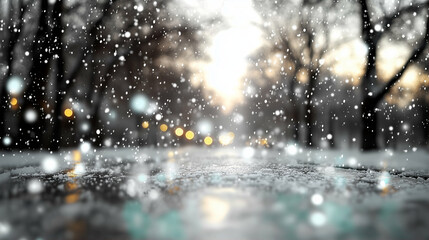 Poster - Snow falling on winter landscape with soft light and blurred background creating serene atmosphere