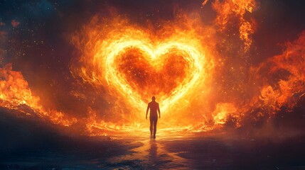 Poster - Enigmatic figure walking towards a flaming heart in a dramatic landscape of fire, symbolizing passion, love, and the transformative power of emotions in a surreal environment