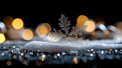 Poster - Snowflake beautifully resting on sparkling snow during winter season with soft bokeh lights in the background