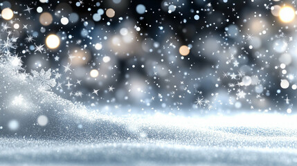Poster - Snow winter landscape shimmering with sparkling lights and falling snowflakes