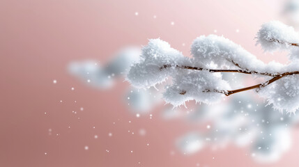 Poster - Snow covered branch with snowflakes on soft background depicting winter wonderland scenery