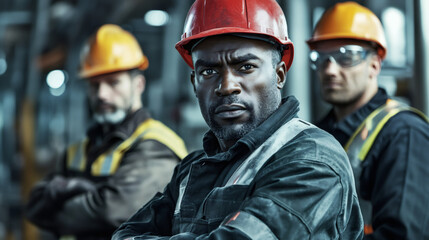 Aufkleber - Confident industrial workers in hardhats and safety vests posing with arms crossed for a factory portrait