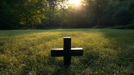 Wall Mural - Black Cross Stands in Grassy Field at Sunset