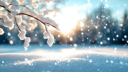 Poster - Snowy branch with snowflakes falling in winter landscape during sunset