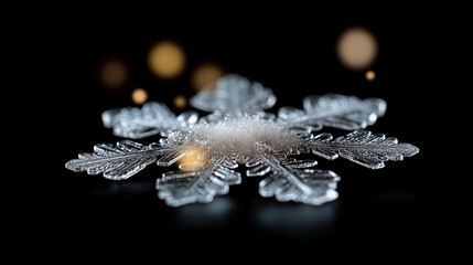 Poster - Snowflake on Black Background with Ice Particles and Glowing Lights