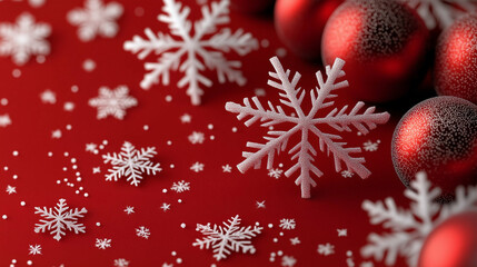 Poster - Snowflakes and Christmas ornaments on red holiday background for festive decoration