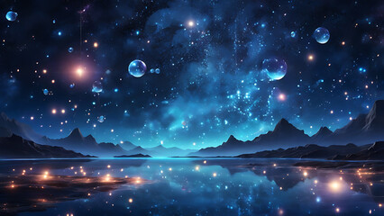 Wall Mural - Magical night sky, glittering blue background, colorful bokeh lights