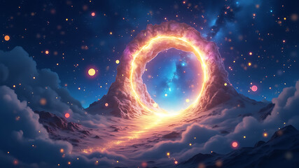 Wall Mural - Magical night sky, glittering blue background, colorful bokeh lights