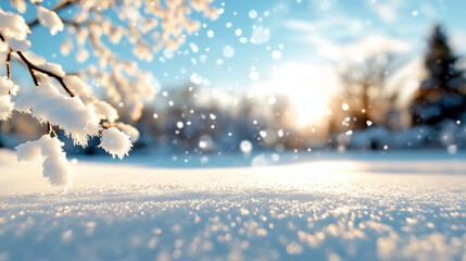 Poster - Snow-covered branch in winter landscape with soft snow scene and sparkling sunlight