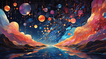 Wall Mural - Magical night sky, glittering blue background, colorful bokeh lights