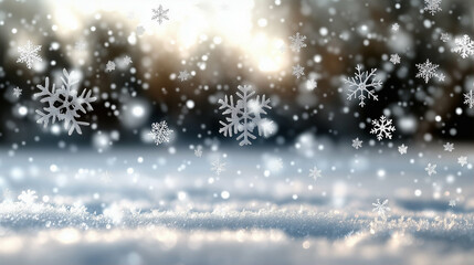 Poster - Snowflakes falling on winter landscape with sparkling snow and blurred background