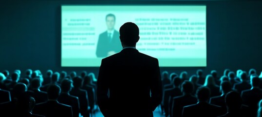 Poster -  A dynamic image of a business presentation with a focus on the speaker and the large screen displaying key points, set in a modern conference room.