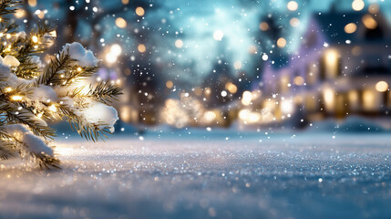 Poster - Snow-covered pine branch adorned with holiday lights in a serene winter scene surrounded by soft falling snow