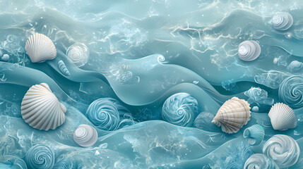 Wall Mural - Seamless natureinspired pattern, cool blue tones, ocean waves and shells, digital art, calming and serene design, coastal theme, flowing and intricate. Zephyrine. Illustration