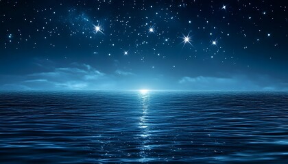 Poster - Tranquil Night Sky Over Calm Ocean Water Reflecting Stars and Light in a Serene and Peaceful Environment for Relaxation and Dreamy Atmosphere