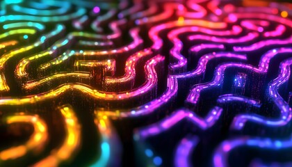 Poster - Abstract Colorful Maze Pattern with Light Trails, Glowing Lines and Fluid Shapes in Vibrant Hues Representing Creativity and Complexity