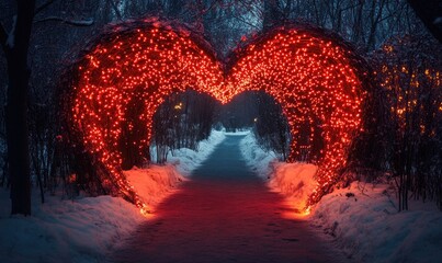 A red heart made of lights is in the middle of a path