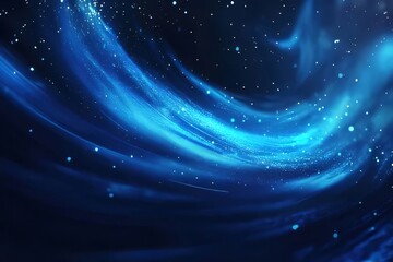 Abstract swirling blue nebula with glittering particles in dark space.