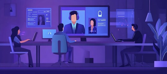 Poster - A dynamic image of a business meeting with participants engaged in a video conference call, with screens showing faces and presentations, set in a modern office space