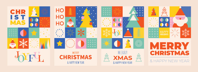 Aufkleber - Merry Christmas and Happy New Year posters or cards in geometric style. Winter playful design for greeting cards, posters, holiday cover, banner in swiss style. Vector illustration