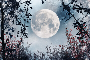 full moon framed by branches and flowers