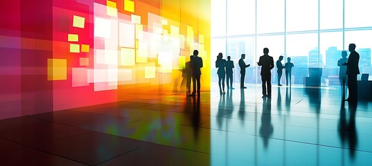 Poster - a dynamic image of a business team collaborating on a project with digital devices and whiteboards, 
