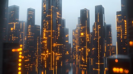 Wall Mural - Futuristic Cityscape Illuminated With Orange Lights