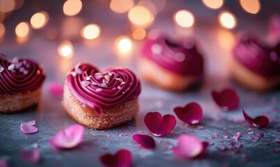 Poster - A heart shaped pastry with pink frosting sits on a table with pink petals scatte