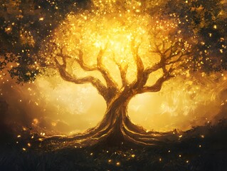 Poster - Majestic Golden Tree in Enchanted Forest Illuminated by Magical Light, Radiating Warmth and Serenity, Capturing the Essence of Nature's Beauty in a Spellbinding Scene