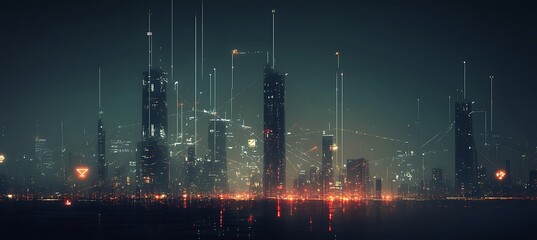 Poster - a futuristic representation of a business city with glowing skyscrapers and digital networks connect