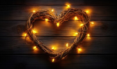 Poster - A heart made of lights is on a wooden surface