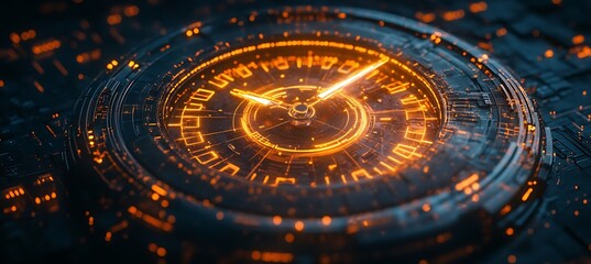 Poster - A futuristic image of a digital clock with glowing hands, representing time management in business