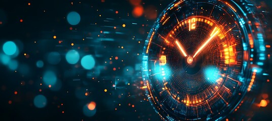 Poster - A futuristic image of a digital clock with glowing hands, representing time management in business